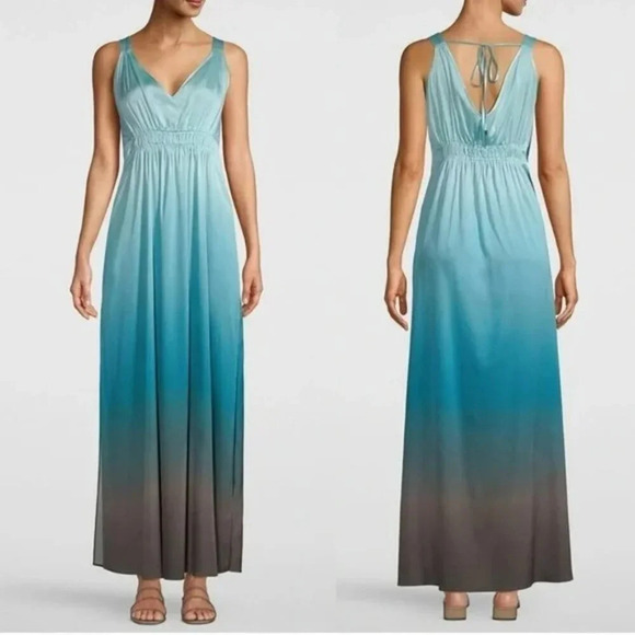 WHBM Goddess Maxi Dress Satin Ombre Blue & Brown Sleeveless V-Neck Petite NWT - Picture 1 of 14